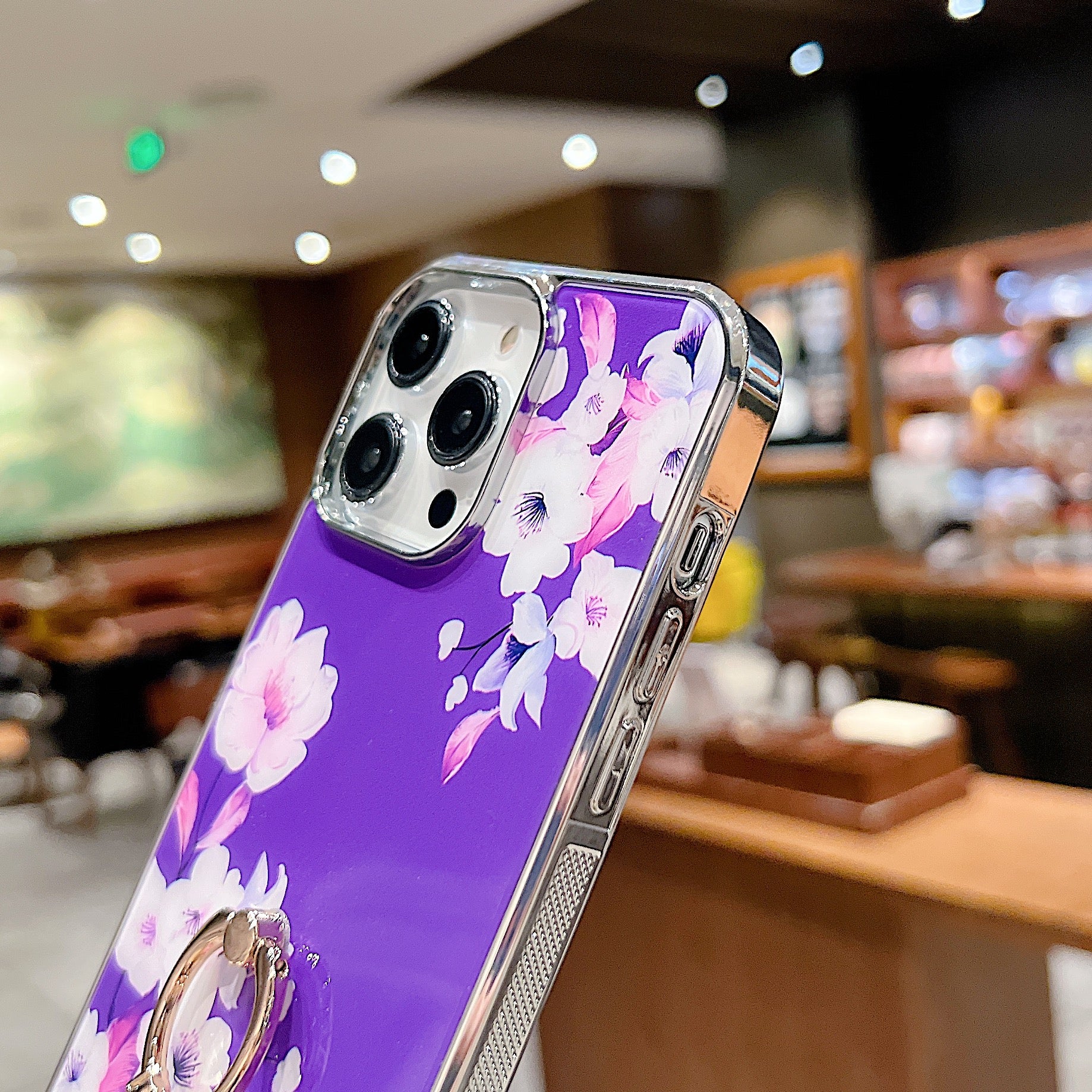 Uniqkart for iPhone 14 Pro Ring Kickstand Anti-fall Phone Case IMD Flower Pattern Electroplating PC+TPU Cover - Style F Uniqkart for iPhone 14 Pro Ring Kickstand Anti-fall Phone Case IMD Flower Pattern Electroplating PC+TPU Cover - Style F